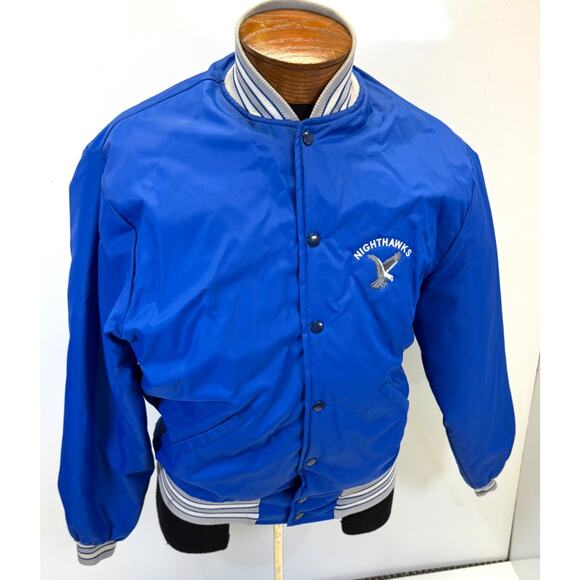 Howe Apparel Satin Bomber Jacket Blue Nightawks Emblem Size L Made USA VTG - Picture 8 of 11